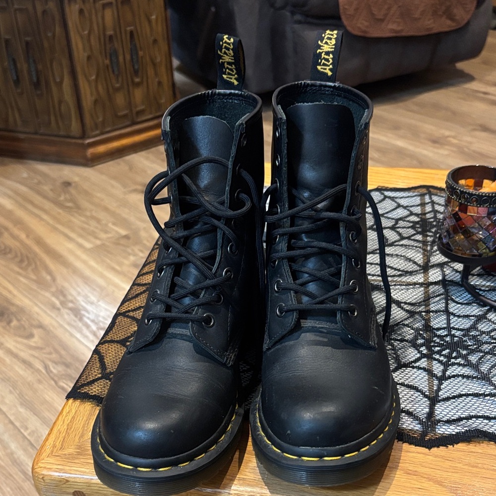 Dr. Martens Black Combat Boots with Yellow Stitching